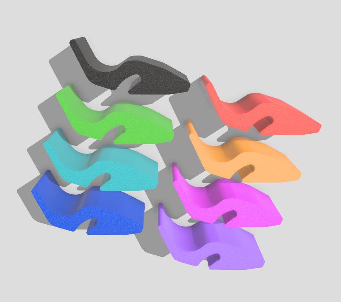 Colorful 3D printed Honda air cleaner clip set in various bright colors on a gray background
