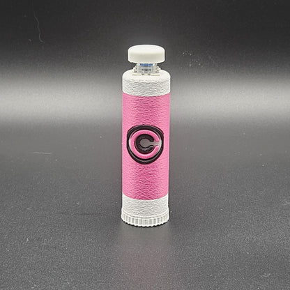 Pink and white clicky fidget with storage compartment DBZ featuring a black Capsule Corp logo