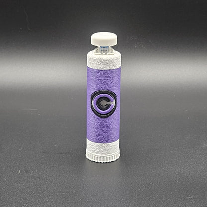 Purple and white clicky fidget with storage compartment DBZ featuring a Capsule Corp logo design