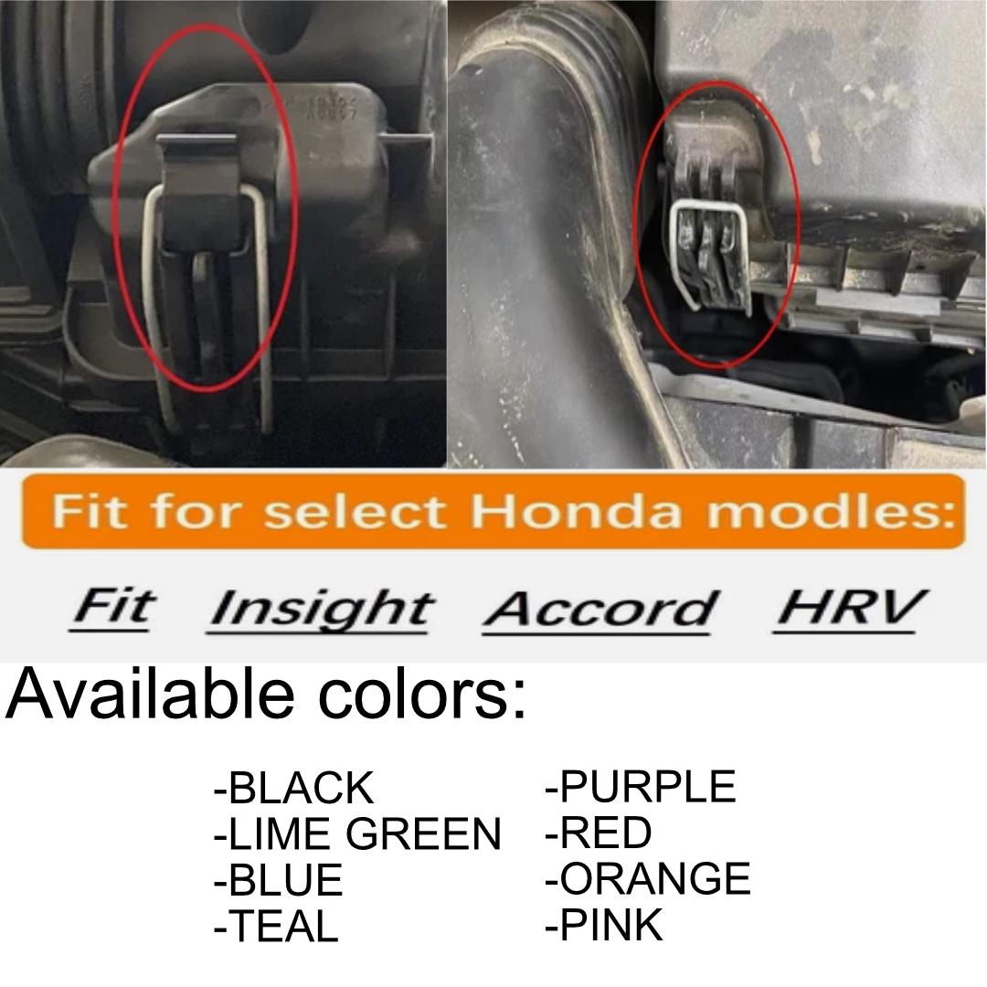 3D printed Honda air cleaner clip shown installed on engine with available colors listed